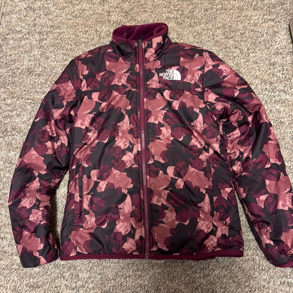 The North Face Girls' Reversible Floral Print Puffer Jacket - Pink & Black